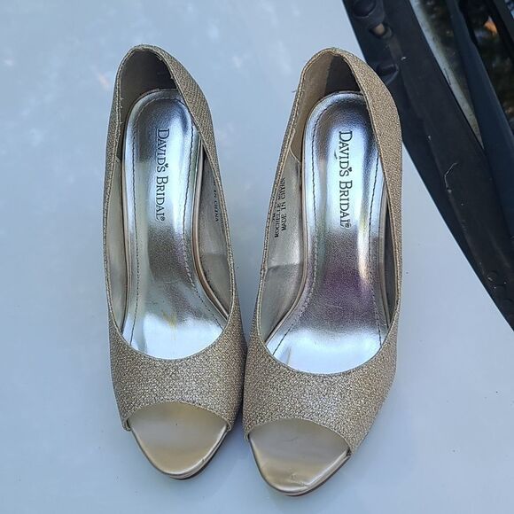 David's Bridal Gold Shimmering Open Toe Heels - Picture 2 of 10